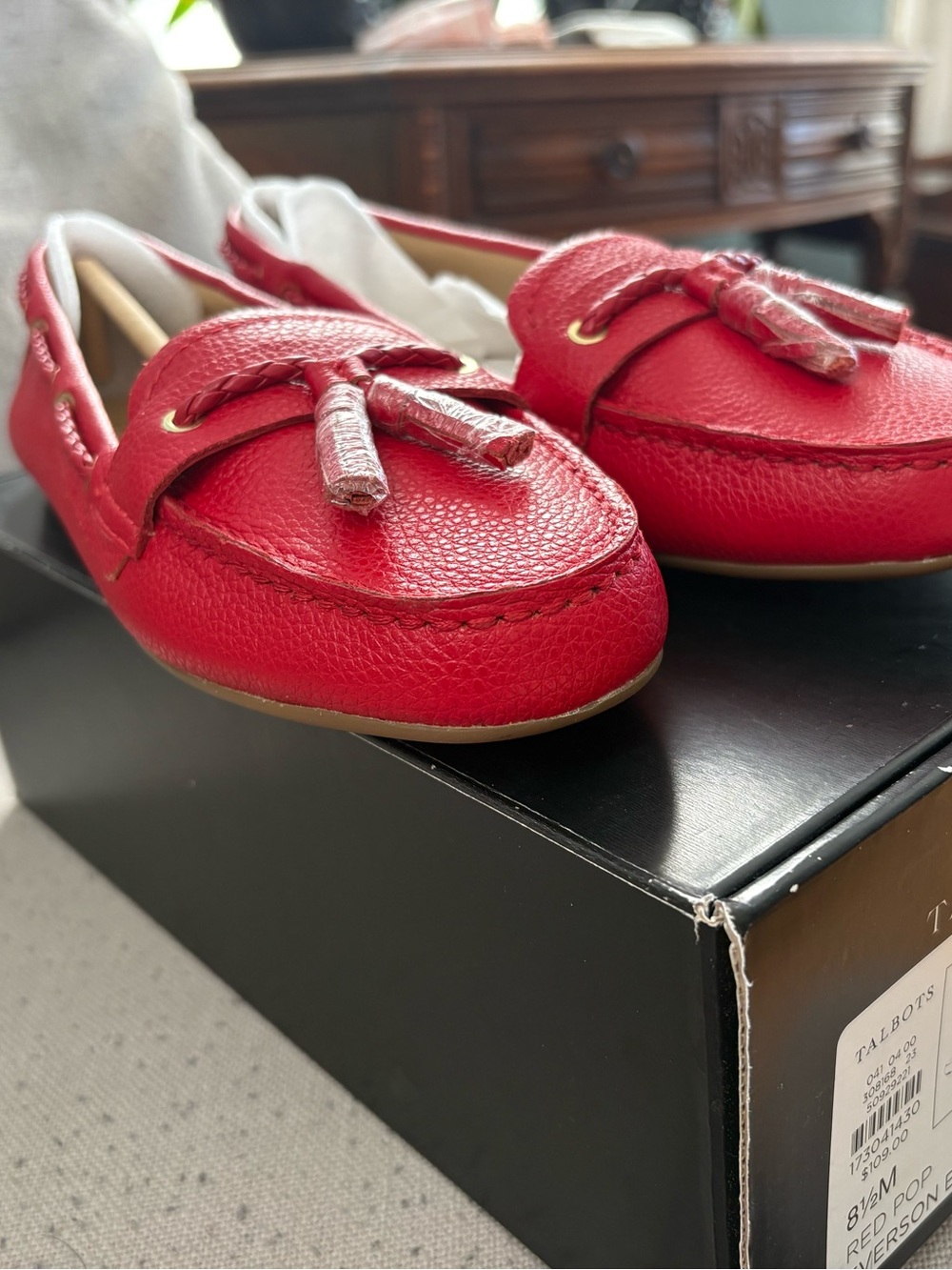 New Talbots Red Leather Tassel Driving Moccasins - Picture 5 of 11